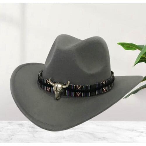 Fashion Men Women Western Cowboy Hat With Cow Head Band Wide Brim Hat Pop Jazz Hat Winter Wool Hat