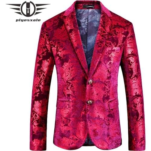 Plyesxale Mens Floral Blazer 2018 Slim Fit Red Velvet Blazer Men 4XL 5XL Plus Size Prom Blazers Stage Jacket Brand Clothing Q23