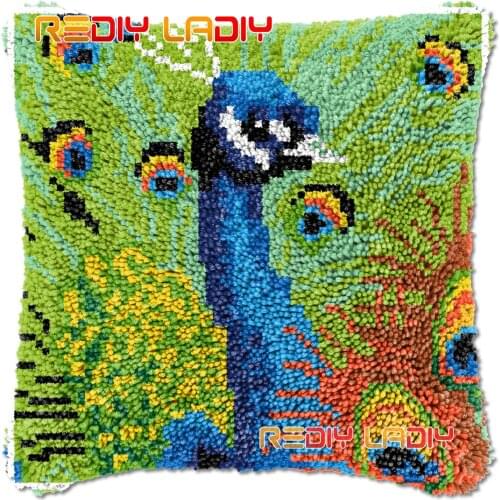 Latch Hook Cushion Green Peacock DIY Needlepoint Kits Chunky Acrylic Yarn Arts Crocheting Lofty Pillow Case Hobby & Crafts