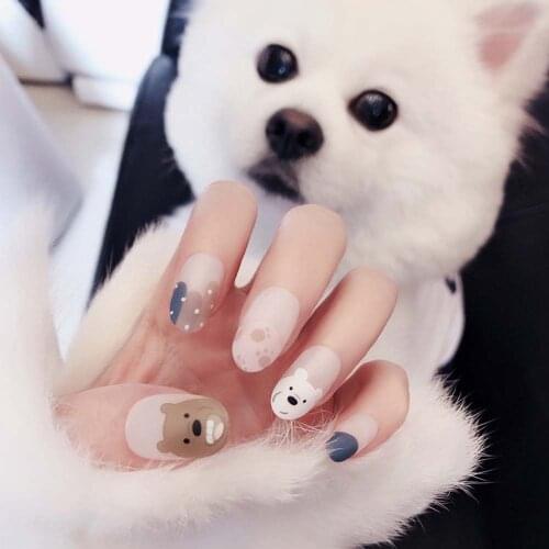 24Pcs Short Round Head False Nails Bear White Daily Wearable Fake Nails Women Fashion Press On Nails Cute Full Cover Nail Tips