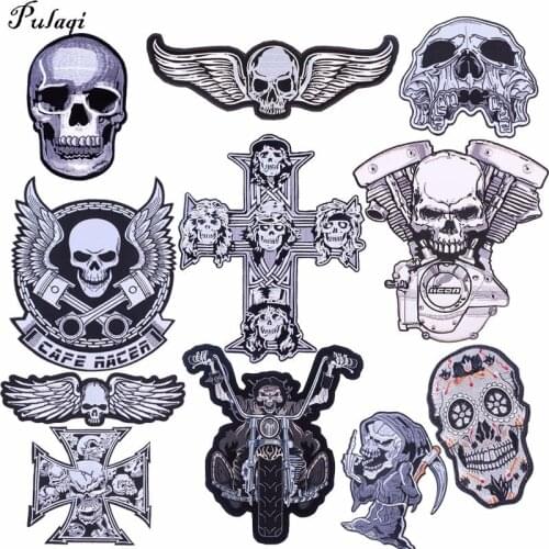 Pulaqi Punk Skull Patch Biker Rock Large Embroidered Motorcycle Band Patches For Clothes Jacket Big Wings Patch Back Badge H