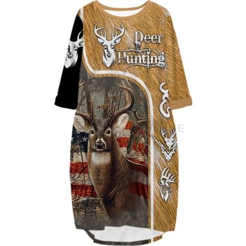 New Fashion Hunting 3D Print Long Deer Pocket Loose Casual Robe Summer Dress Traf For Women V9