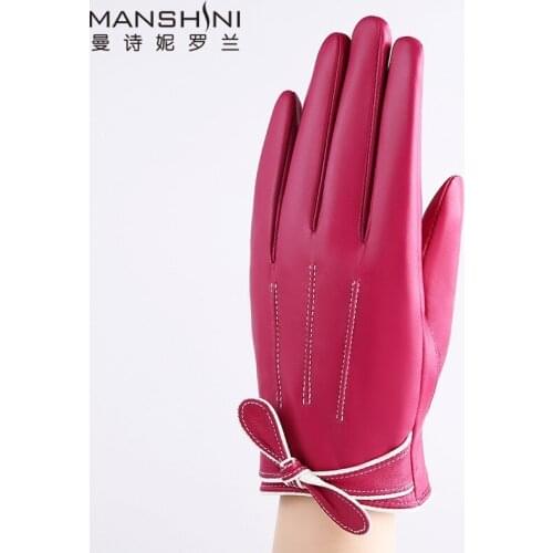 Genuine leather gloves womens fashion lovely bow touch screen gloves velvet lining thick warm telefingers gloves MLZ013