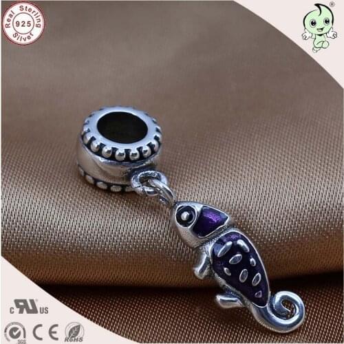 DIY Fashion Animal Silver Jewelry Design 925 Pure Silver Purple Enamel Chameleon Hanging Charm For Bracelet