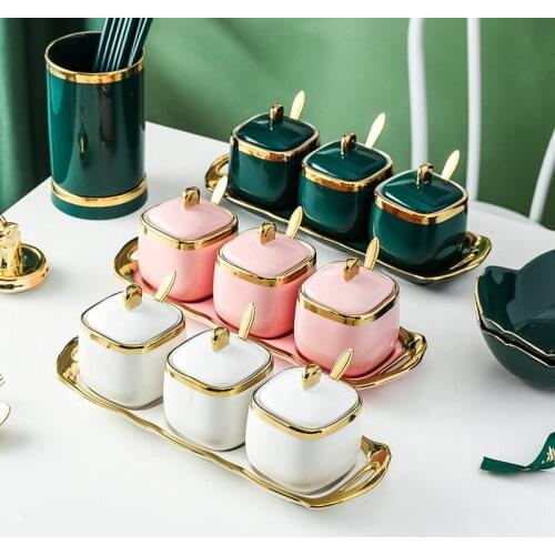 Simple luxury oil bottle Ceramic seasoning tank Box seasoning bottle Salt monosodium glutamate can sauce boats Tableware Plate