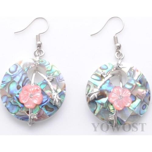 2 Pairs Dangle Hook Earrings for Women Girl Christmas Gifts Round Hollow Natural Abalone Shell Bead Pendant Flower QR3513