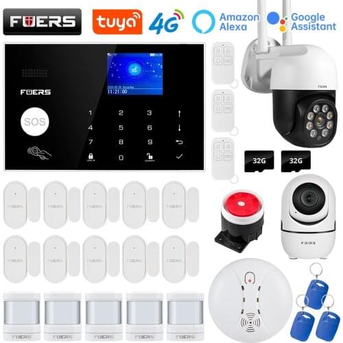 FUERS WIFI 4G GMS Tuya Smart Home Security Alarm System Wireless Alarm Kit Camera Control Siren Motion Detector PIR Smoke