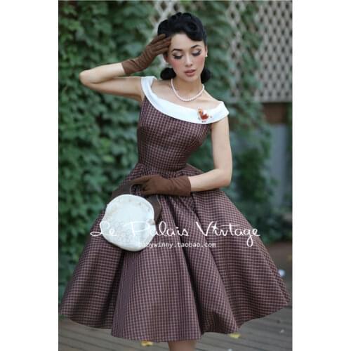 Le Palais Vintage autumn and winter retro classic Plaid collar hit color ball grow dress/ puff dress