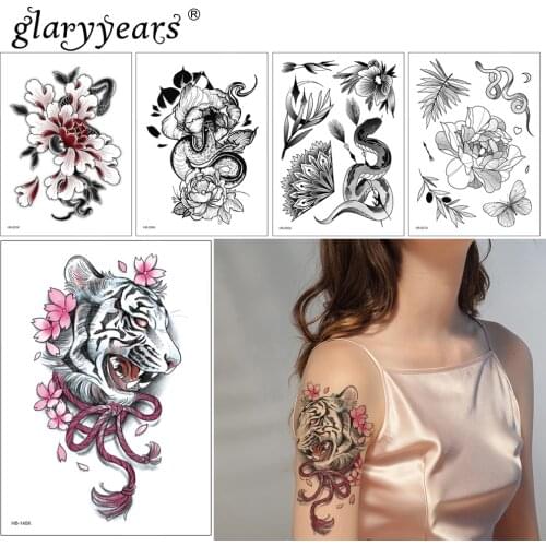 Glaryyears 1 Sheet Temporary Tattoo Sticker Colorful Fake Tiger And Flower Flash Waterproof Fashion Small Body Art Men Women