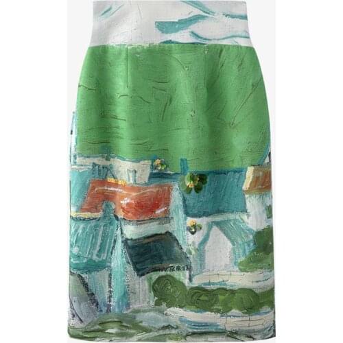 Summer Fashion Bag Hip Retro Green Print Midi A-Line Skirt Women Elegant Brand Design New Casual Half Skirt 2021 New Clothes