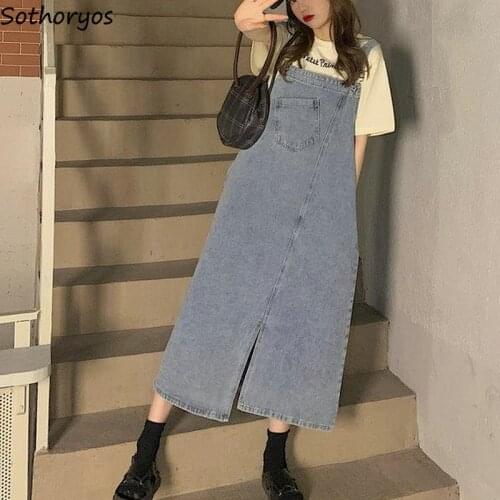 Women Sleeveless Dresses Denim Chic Solid Vintage Retro Asymmetrical Slit Teens All-match Fashion Streetwear Harajuku Ulzzang