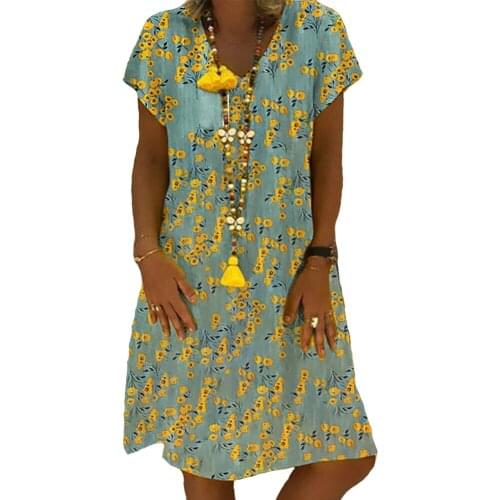 Womens Floral Printed Short Sleeve V-neck Dress Ladies Casual Hem Baggy Kaftan Plus Size