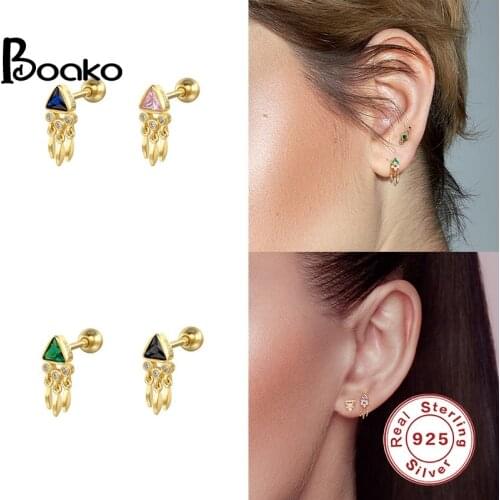 BOAKO 925 Sterling Silver New Mini Triangle Tassel Earrings For Women Piercing Stud Earrings Pendientes Plata 925 Fine Jewelry
