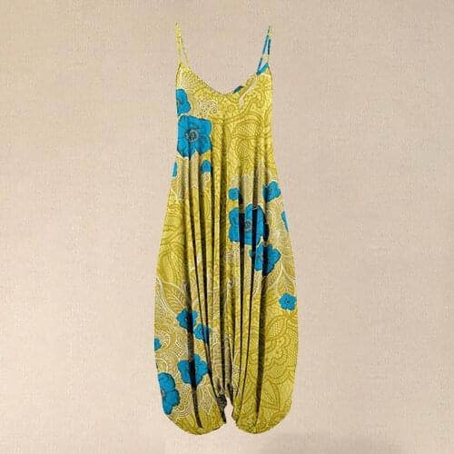 2021 Casual V Neck Sleeveless Yellow Color Wide Leg Jumpsuit Women One Piece Floral Print Pullover Strap Loose Rompers