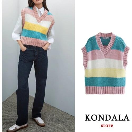 Za 2021 women winter sweet sweater sleeveless V neck Short Knitted Sweaters Striped knitted vest chic female Pullovers