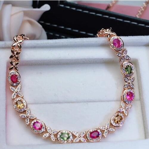 Natural Multicolor tourmaline Bracelet Natural gemstone bracelet S925 silver fashion Bow Clover women party gift fine jewelry