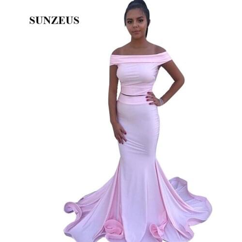 Two Pieces Pink Prom Dresses Off Shoulder Boat Neck Crop Top Party Gowns Mermaid Long Graduation Dress