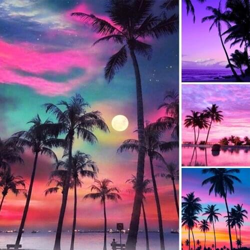 5D DIY Diamond Painting Sunset Beach Landscape Cross Stitch Kit Full Drill Square Embroidery Mosaic Picture of Rhinestones Gift