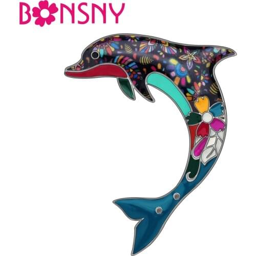 Bonsny Alloy Enamel Floral Ocean Dolphin Brooches Clothes Scarf Pin Sea Animal Jewelry For Women Girl Teen Gift 2019 New Fashion