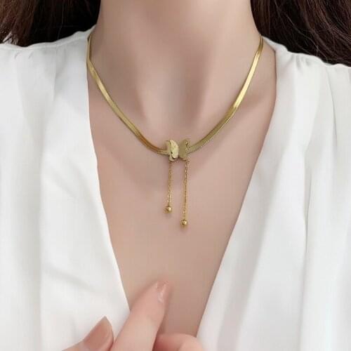 Korean Fashion Titanium Steel Butterfly Tassel Necklaces for Women Gold Color Snake Chains Choker Collares Kpop Jewelry MS369