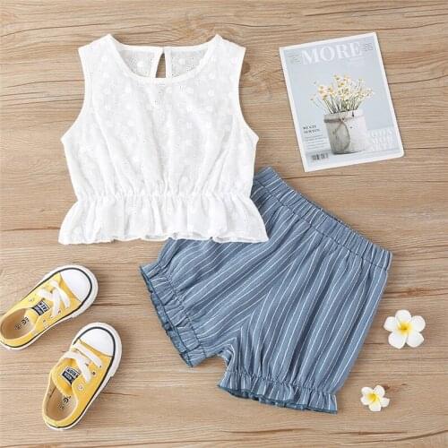Girls Casual 2 Pieces Outfits White White Round Collar Vest Tops and Blue Stripes Elastic Waist Shorts Summer Children Clothing
