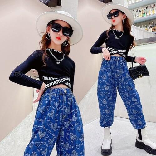 Girls 2PCS Clothing Sets Long Sleeve Slim Undershirt Top+Heart Print Graffiti Pants Fashion Streetwear Outfits for Kids 5-14Year