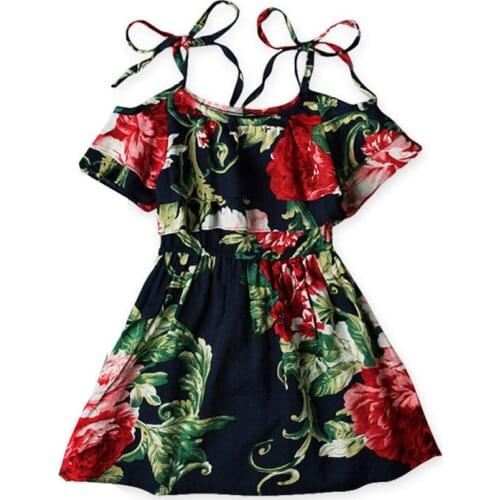 Cute Baby Girls Off-shoulder Skater Dress Kids Floral Print Summer Party Dress Size 2-7 Year