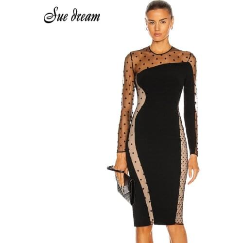 Fashion Autumn Womens Sexy Polka Dot Mesh Long Sleeve Patchwork Bodycon Bandage Dress Trendy Runway Party Dress