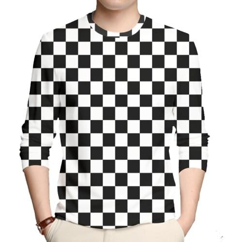 OGKB Summer Shirt Men Casual T-shirt Cool Print Black White Grid 3D T-shirt Man Hiphop Long Sleeve O Neck Streetwear Oversized