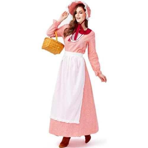New California Farm Ladies Dress Hat Apron Maid Cosplay Costume Women Long Floral Vestido Fancy Stage Outfit Carnival Costume