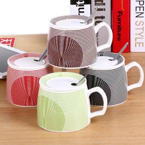 New Personality creative gifts petty ceramic mug breakfast milk coffee tea cups test pressure stripe porcelain with lid spoon