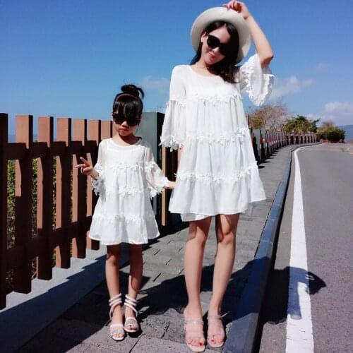 Mother and Daughter Seaside Three-dimensional Lace 2PCS Parent-Child Summer 2021 New Loose Mid-length Dress White Dresses