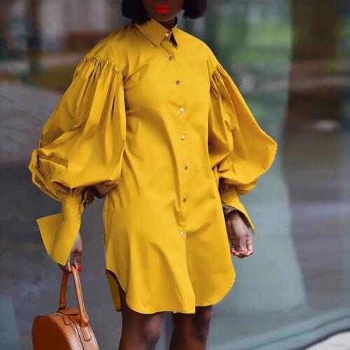 Women Shirt Dress Turn Down Collar Puff Sleeves Button Down Dress Loose Casual Chic Blouse Dresses Elegant Mini Dress vestidos