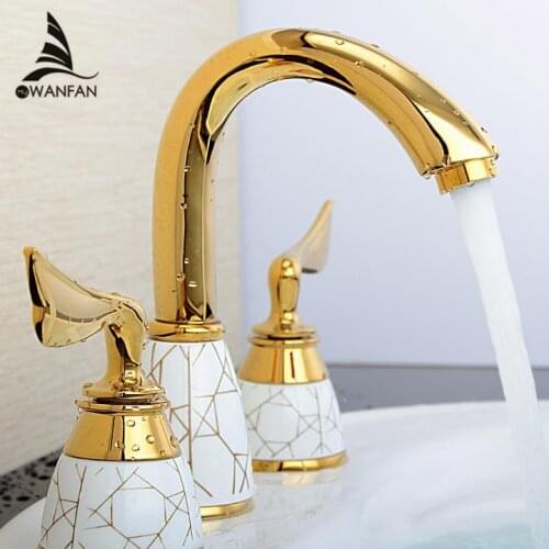 Luxury 3 Piece Set Faucet Bathroom Mixer Deck Mounted Sink Tap Basin Toilet Faucet Set Golden Finish Mixer Tap Faucet YS-618K