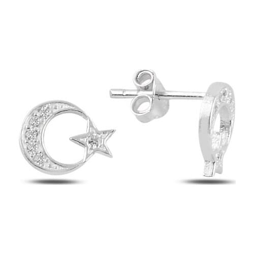 Silver 925 Sterling Moon Star Zircon Stone Earrings