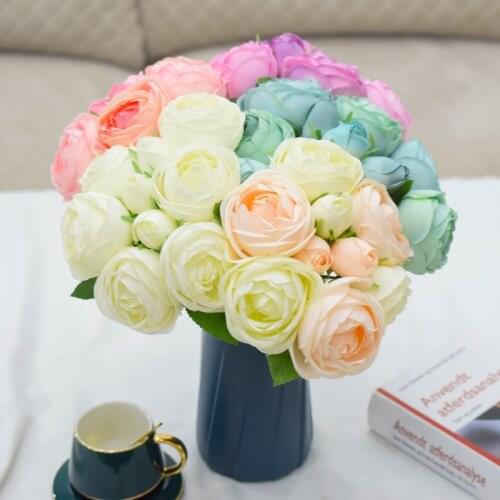 Silk Tea Rose Bunch Artificial Blue Peony Flowers Wedding Decoration Fresh Champagne Gift Craft Flower Accessories Home Decor