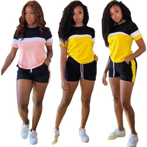 Patchwork Sport Tracksuit 2 Pieces Shorts Sets Women Short Sleeve O Neck T-shirt and Biker Shorts Summer Casual Outfits for 2021