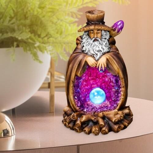 Resin Tree God Sculpture Lamp Figurine Reflux Incense Burner with LED Lamp Figurine Crafts Miniature Decoration