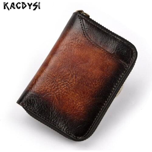Vegetable Tanned Leather Vintage Mens Wallets Money ID Credit Card Case Small Man Vertical Zipper Coin Purse Card Holder Wallet