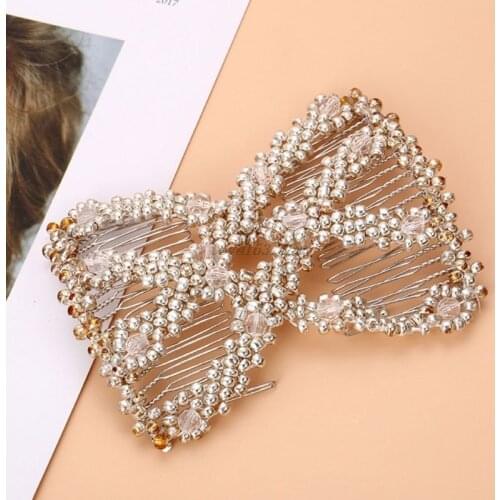 Women Twist Rhombus Beaded Magic Hair Side Combs Jewelry Stretchable Styling Double Clips Hairpins Ponytail Bun Maker