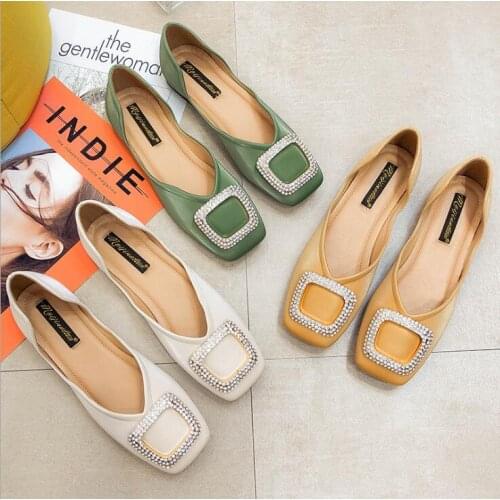 New 2020 autumn womens flat shoes square toe casual womens shoes square buckle rhinestone large size womens shoes 34-44