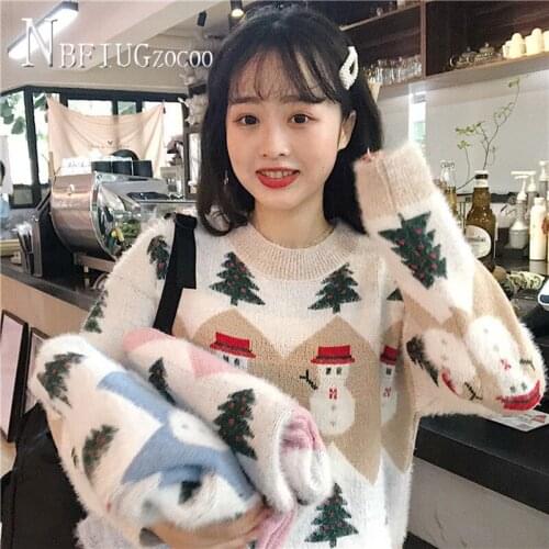 Snowman And Christmas Tree Knitting Women Sweater Sweet Fluff Warm Female Sweaters