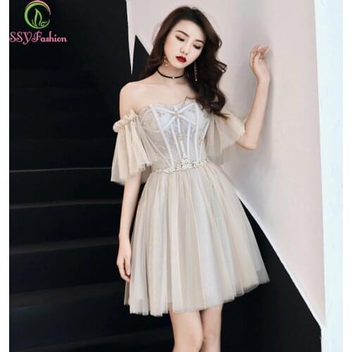 SSYFashion 2019 New Cocktail Dresses Banquet Elegant Short Beading Sweetheart Champagne Grey Party Formal Gown Robe De Soiree
