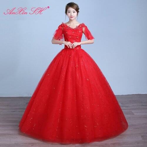 AXJFU red little flower lace wedding dress princess turkey party v neck beading crystal ruffles white lace wedding dress