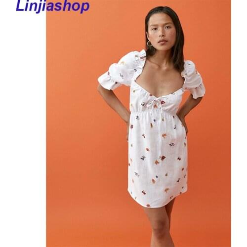 Retro Floral Fruit Print white Women Dress Elegant Vestidos Vintage Center Bow Bandage Summer Dresses
