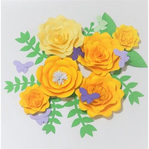 2018 Yellow 6 Giant Paper Flowers + 6 Butterflies + 8 Leaves For Wedding Backdrop Retail Store Decorations Baby Nursery Shower