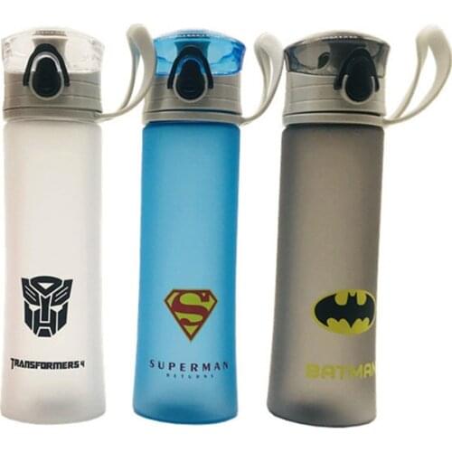 Bpa Free 450ml Super Heros Water Bottle PC Mlik&Tea bottle Frosted Suface Body Portable Cartoon league water kettle Handle Rope