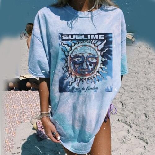 Harajuku Blue Graphic T Shirts Oversize Women Summer Vintage Loose Short Sleeve Tee Shirt Femme Letter Sun Print Plus Size Tops