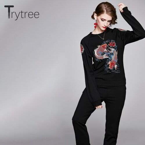 Trytree Autumn Winter Two piece set Casual O-neck Embroidery Top + Pants Elastic Waist Fashion Slim fit Office Lady 2 Piece Set