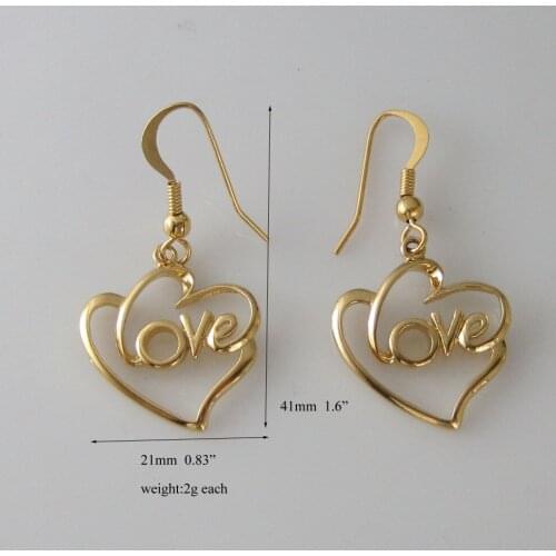 MIN ORDER 10$ CAN MIX DESIGN DANGLE EARRING HEART CHARM WORD LOVE WIDTH 21MM 0.83" TALL 41 MM 1.6" - YELLOW GOLD GP OVERLAY